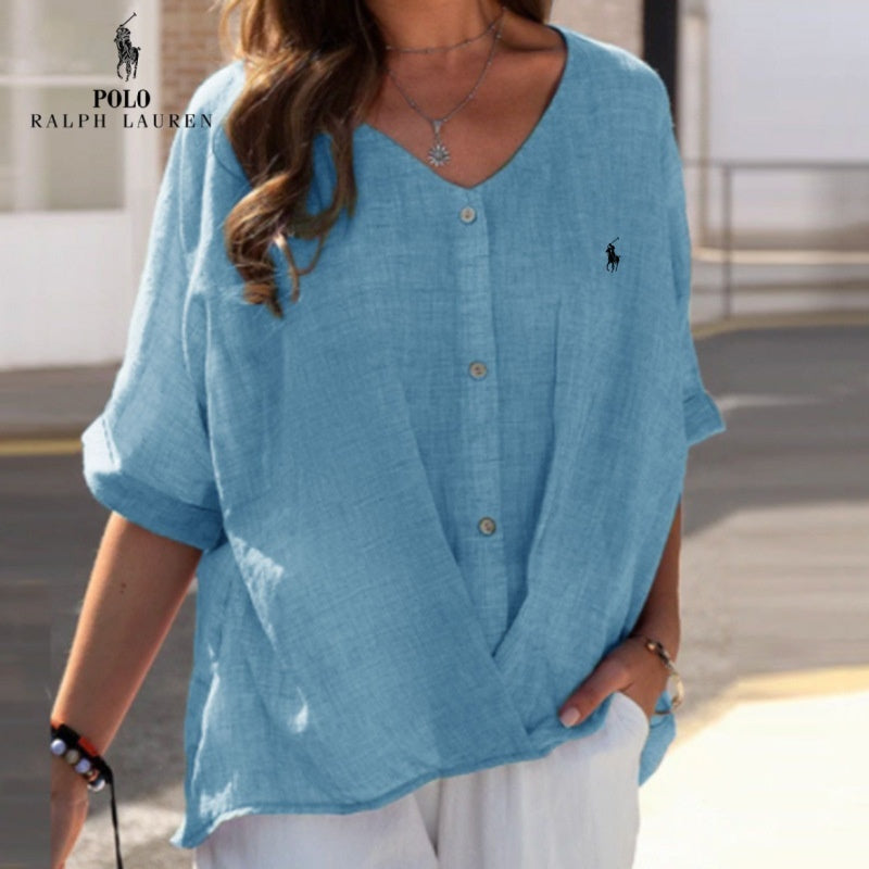 🇪🇸 Camisa de lino con cuello en V y volantes para mujer Ralph Lauren