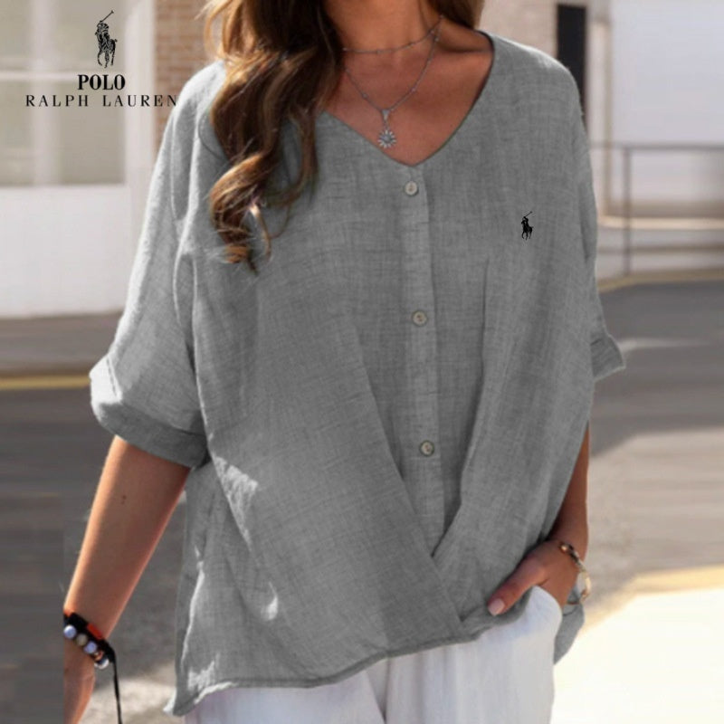 🇪🇸 Camisa de lino con cuello en V y volantes para mujer Ralph Lauren