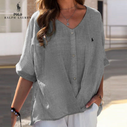 🇪🇸 Camisa de lino con cuello en V y volantes para mujer Ralph Lauren