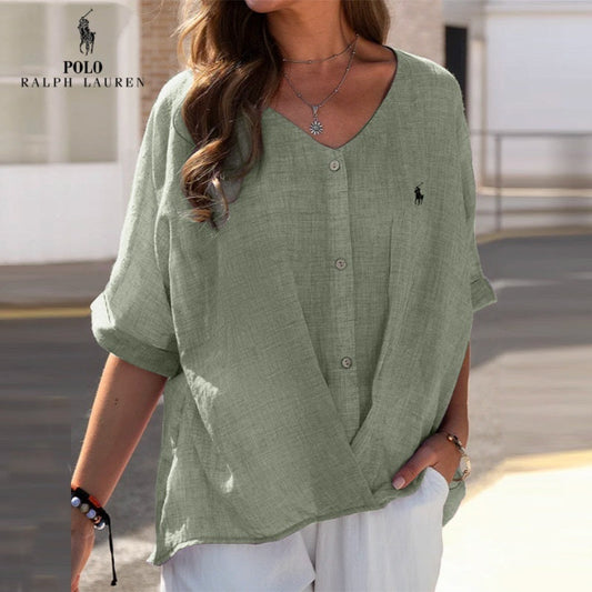 🇪🇸 Camisa de lino con cuello en V y volantes para mujer Ralph Lauren