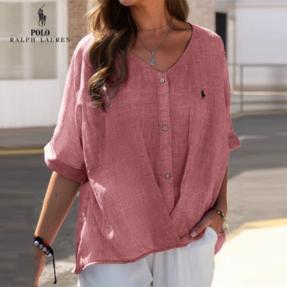🇪🇸 Camisa de lino con cuello en V y volantes para mujer Ralph Lauren