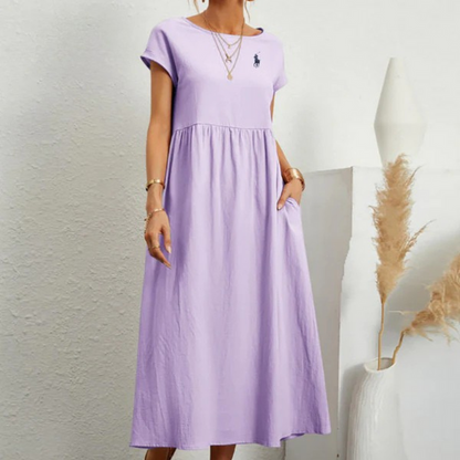 Vestido amplio de algodón y lino con pliegues