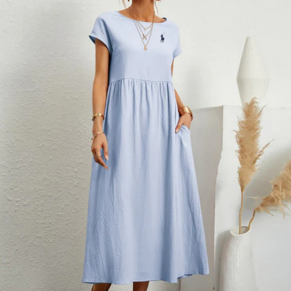 Vestido amplio de algodón y lino con pliegues