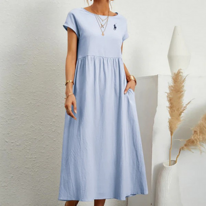 Vestido amplio de algodón y lino con pliegues