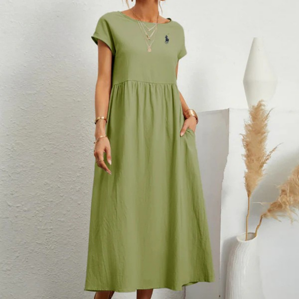 Vestido amplio de algodón y lino con pliegues