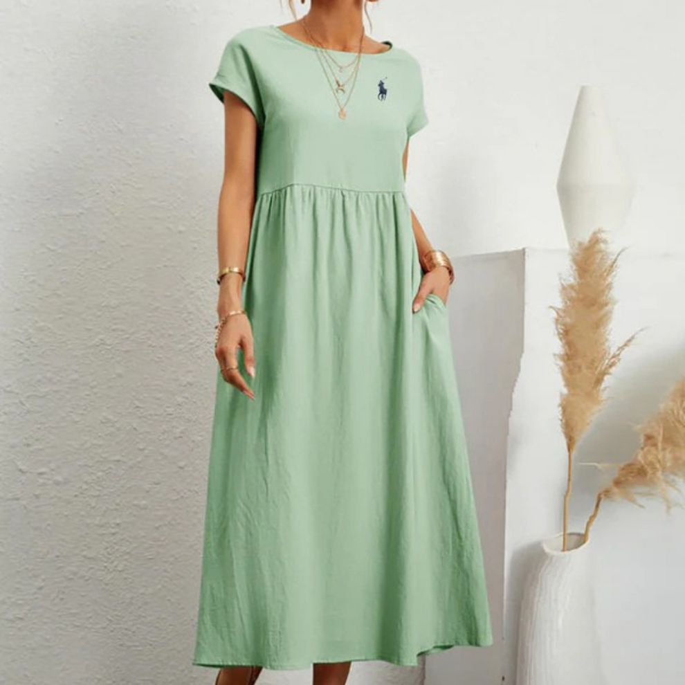 Vestido amplio de algodón y lino con pliegues