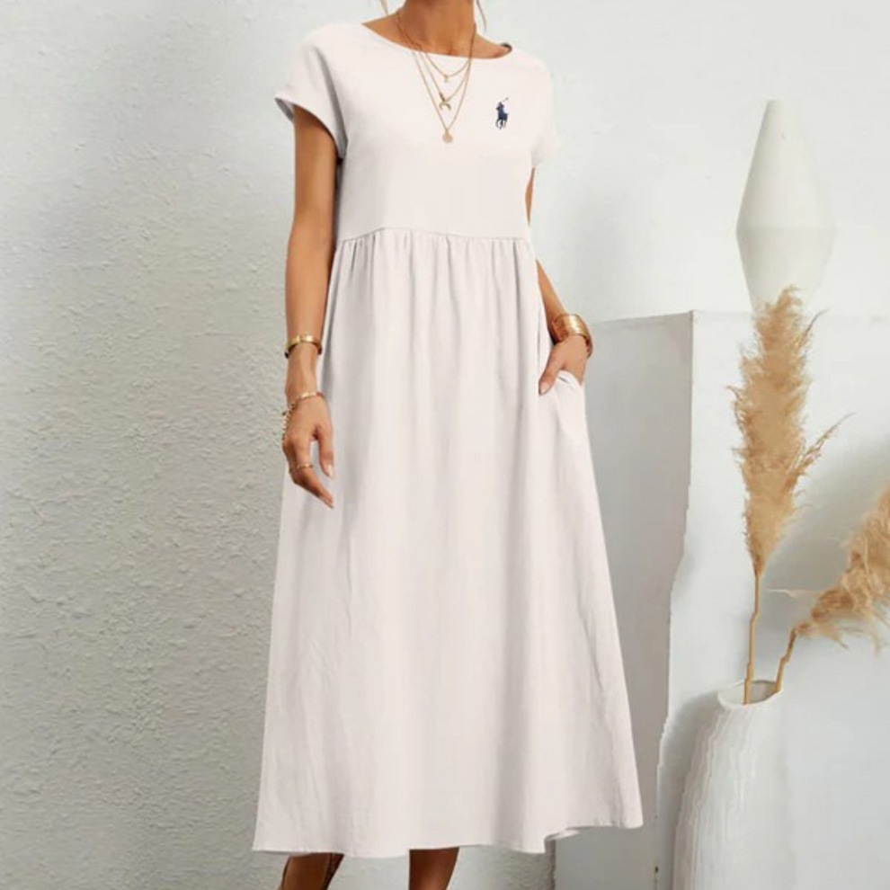 Vestido amplio de algodón y lino con pliegues