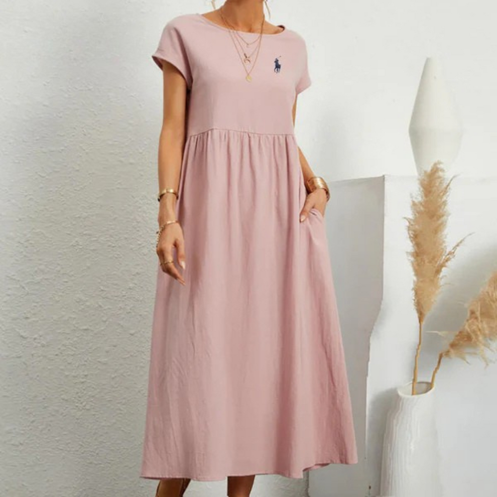Vestido amplio de algodón y lino con pliegues