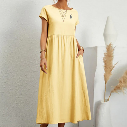 Vestido amplio de algodón y lino con pliegues